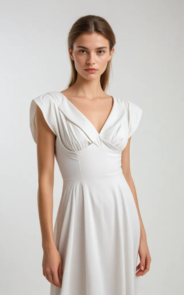 A European female model wearing a dress with a Low   collar, white background, bust portrait